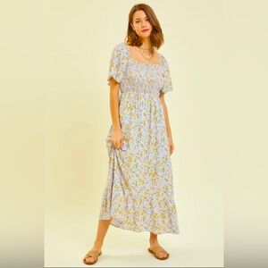 Heyson Blue Ditzy Floral Square Neck Smocked Midi Dress